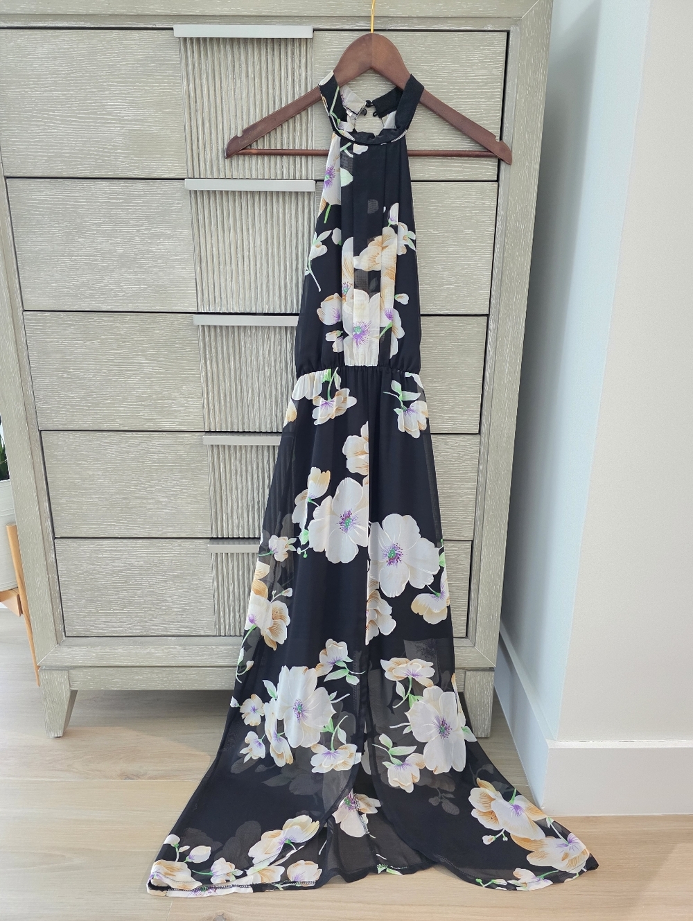 Floral Halter Maxi Dress Black – Open Back Flowing Summer Dress Size S